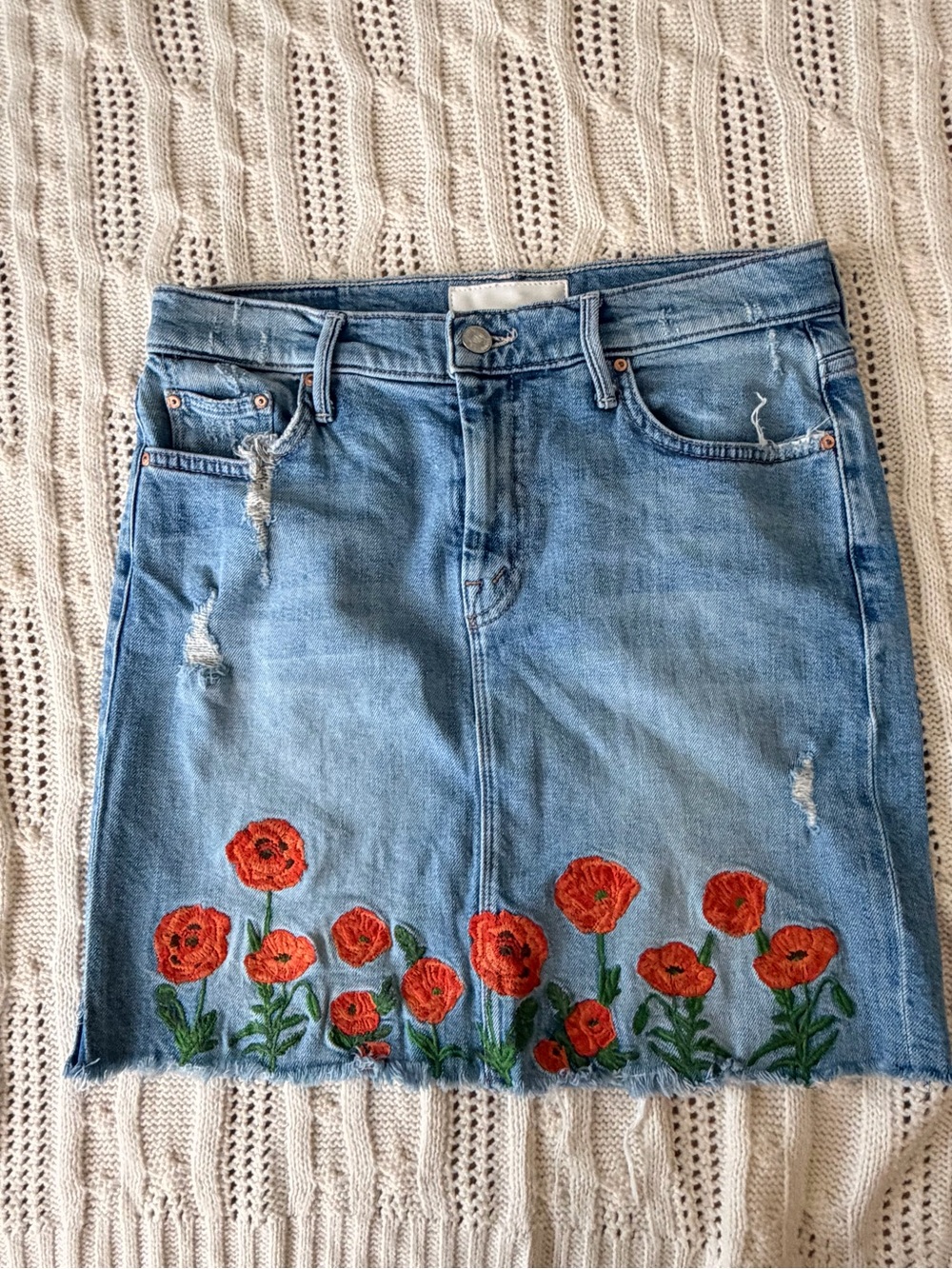 MOTHER Light Blue Denim Pencil Skirt with Red Floral Embroidery